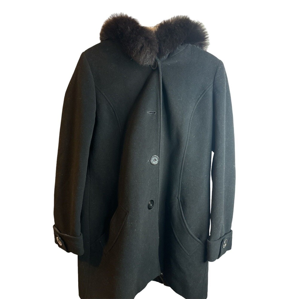 Kristen Blake Black Wool Coat Real Fox Fur Collar Hooded Medium